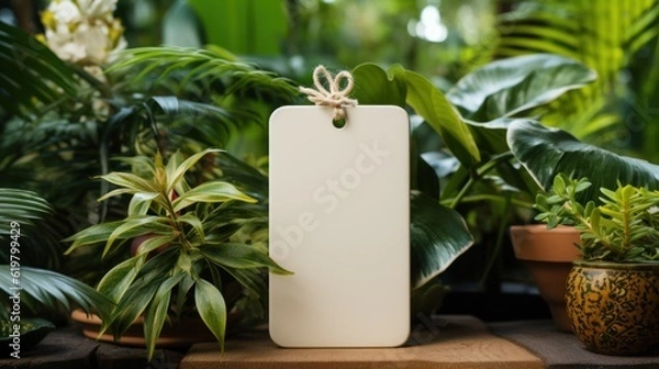 Fototapeta Blank empty mockup of tag label on green plants background for branding generative ai