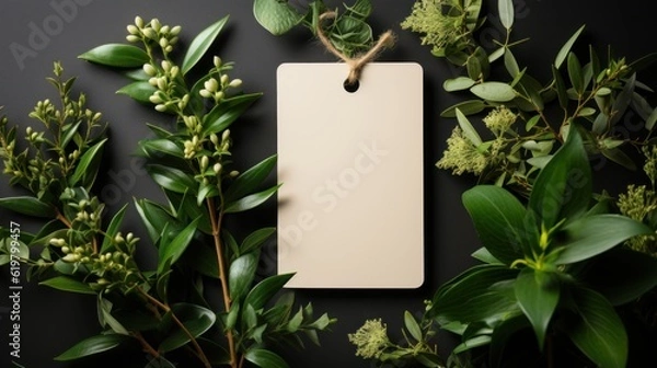 Fototapeta Blank empty mockup of tag label on green plants background for branding generative ai