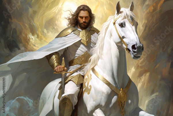 Obraz Jesus Christ with the name of Michael sitting on a white horse Victory over the forces of evil Generative AI Illustration