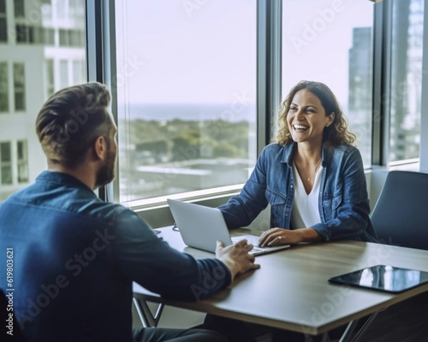Obraz Woman manager conducting a performance review in her office with large windows, job interview survey informal discussion, AI generated
