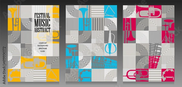 Fototapeta Abstract music cover set. Mosaic pattern design. Stripes and musical instrument silohuettes. Modern wall art, poster, brochure, flyer. Gray tone and yellow, cyan and magenta colors background.