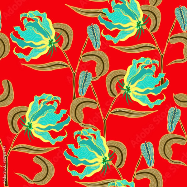 Fototapeta Tropical leaves and bright red tropical flowers seamless background. Bright color fabric concept, wallpaper, cosmetic, perfume and medical factory