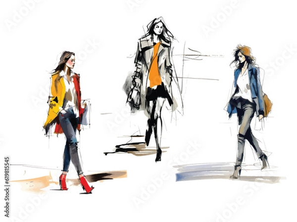 Fototapeta Set of vector illustrations: fashionably dressed women are walking. Fashion sketch made with watercolors and markers, expressive line.