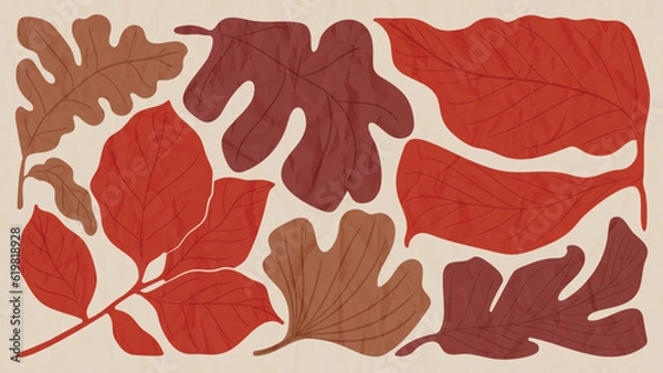 Fototapeta Abstract art autumn background vector. Botanic fall season hand drawn pattern design with oak leaves branch. Simple contemporary style illustrated Design for fabric, print, cover, banner, wallpaper.