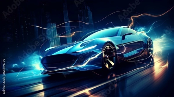 Fototapeta Blue racing car and lightning speeding line on the road at night generative ai