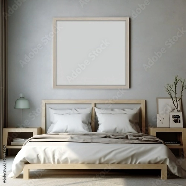 Fototapeta Blank white photo art frame mock up design showcase in modern bedroom Generative AI 