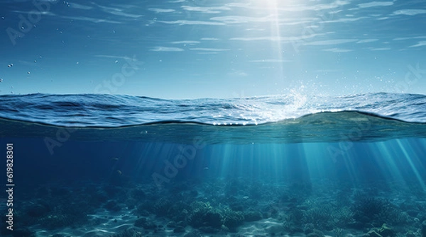 Obraz Underwater sea and sky, split shot of half water half sky, generative ai