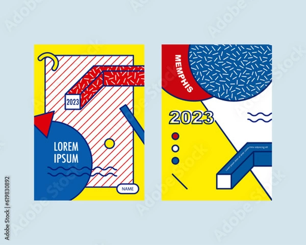 Fototapeta Memphis style brochure cover. Abstract minimalistic patterns and geometric shapes in blue, red and yellow. collection flyers vector graphic design template for print, flyer and poster. CMYK mode.