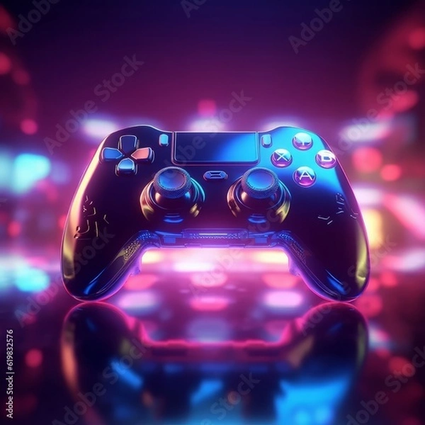 Fototapeta Gamepad controller in neon light. Realistic 3D render illustration