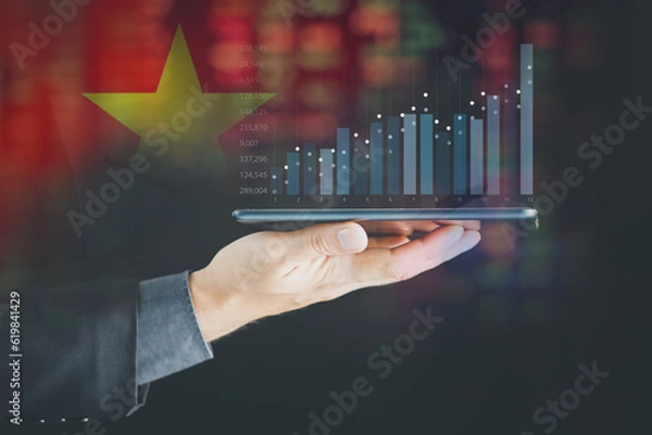 Obraz Stock market investment trading financial.  China flag to analyze profitable business finance trend data background