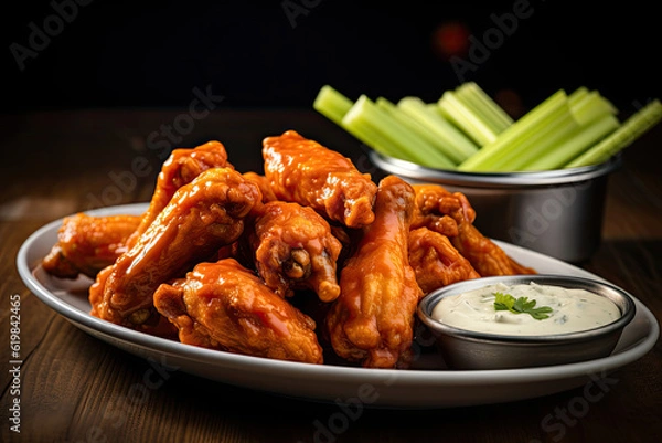 Fototapeta Buffalo chicken wings with blue cheese dip generative ai