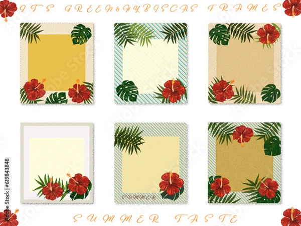 Obraz メッセージカード素材【ハイビ・モンステラ・ヤシ】夏のフレーム(・∀・)