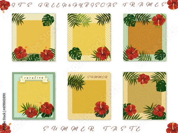 Obraz メッセージカード素材【ハイビ・モンステラ・ヤシ】夏のフレーム(・∀・)