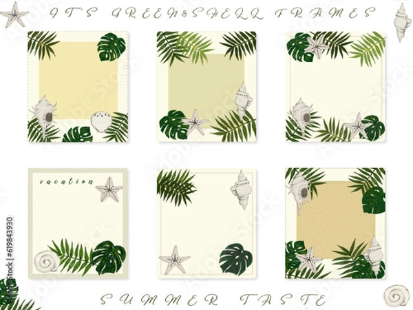 Obraz フレーム素材【貝殻・ヤシ・モンステラ】グリーンのメッセージカード