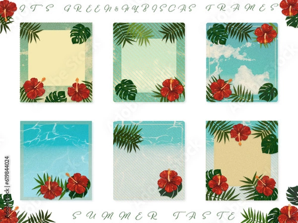 Obraz メッセージカード素材【ハイビ・モンステラ・ヤシ】夏の海のフレーム(・∀・)