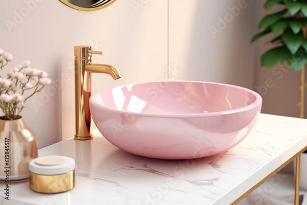 Fototapeta A pink sink with a golden faucet in the interior of a modern bathroom. Photorealistic illustration of Generative AI.