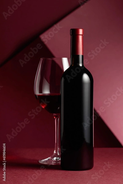 Fototapeta Bottle and glass of red wine on a red background.