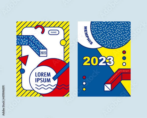 Fototapeta Memphis style brochure cover. Abstract minimalistic patterns and geometric shapes in blue, red and yellow. collection flyers vector graphic design template for print, flyer and poster. CMYK mode.