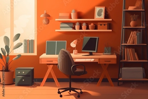 Fototapeta interior of cozy living room. Remote working and work from home as an office is a new business trend. Home office is a safe place to work. Generative AI