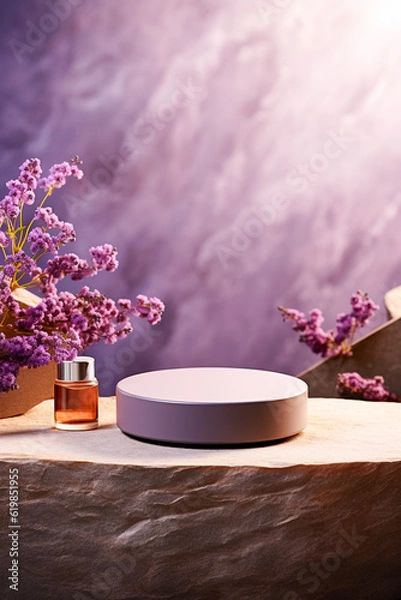 Fototapeta Natural Lavender Round Podium Pedestal Beauty Product Presentation Scene Stage. Empty Mock up on white pink coral gold pastel background, minimalist backdrop luxury template. Generative AI.
