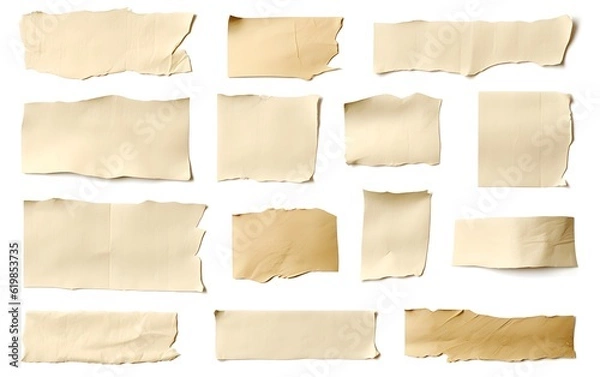 Fototapeta Beige paper tapes with ripped edges, collection of cut-out collage elements, text placeholders, isolated, detailed, PNG, Generative AI, Generative, KI