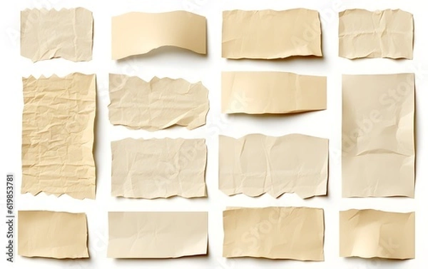 Obraz Beige torn paper tape collection, textured edges, isolated on white, essential for designers, scrapbooking, layering, and message framing, collage artwork, Generative AI, Generative, KI