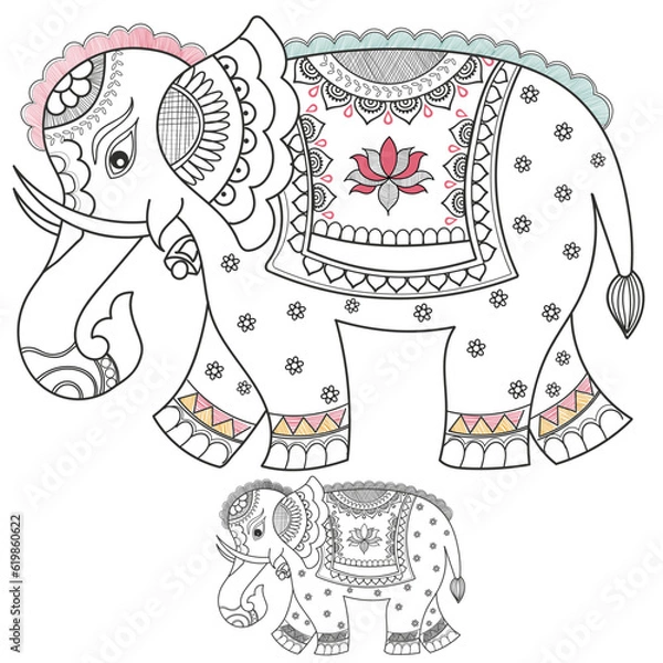 Fototapeta Hand drawn elephant with detailed decorative mandala elements.Coloring with high details isolated on white background, vector illustration. Motifs. Madhubani style