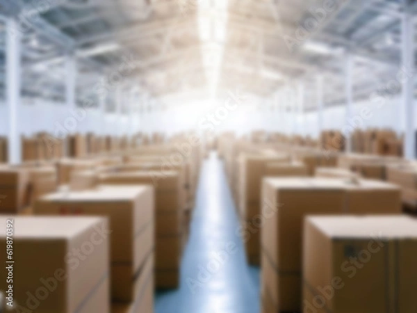 Fototapeta Blurred  A warehouse where the goods are packed in a large number of brown cardboard boxes.