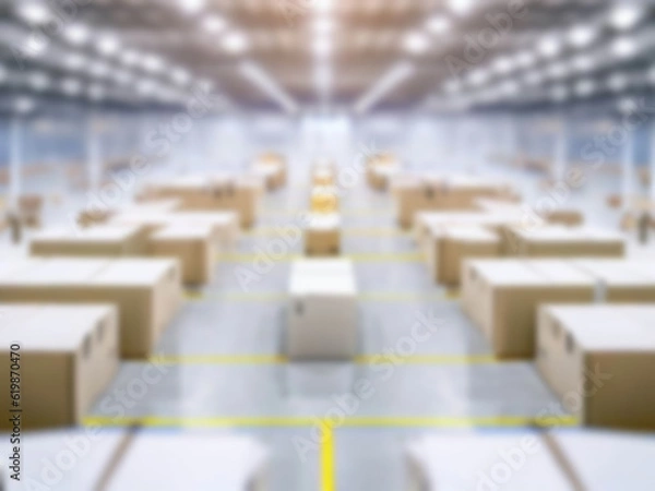 Fototapeta Blurred  A warehouse where the goods are packed in a large number of brown cardboard boxes.