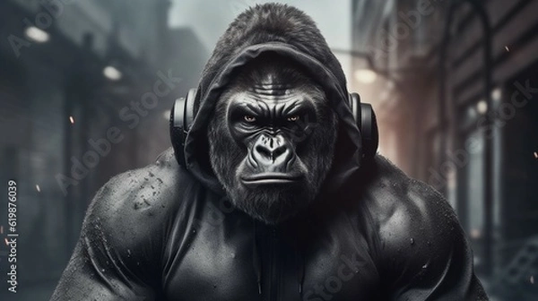 Obraz Portrait of a fitness athlete gorilla wearing sportswe.Generative AI