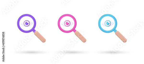 Obraz 3d editable illustration eye and magnifying glass icon purple, pink and blue, 3d, vector, suitable for web illustrations, hero pages, landing pages.