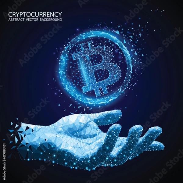 Fototapeta Blue abstract technology background. Vector. Polygonal human hand holds bitcoin. Electronic cryptocurrency and modern technology. Blockchain Low poly image. Internet banking and finance.