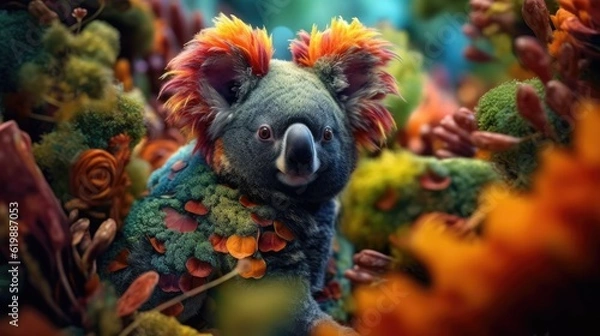 Fototapeta Whimsical wild koala on amazing colorful background wallpaper, ai