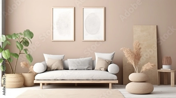Fototapeta Mock up wall in Scandinavian style living room interior. 3d render