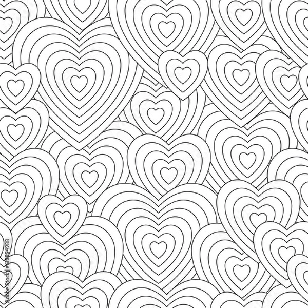 Fototapeta Black and white seamless pattern for coloring book in doodle style. Hearts. Valentine's Day.
