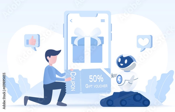 Fototapeta Loyalty program and bonus idea. AI robot sending a digital gift voucher to a customer. Present rewards, promotions, discount, and advertisements. On digital platform or mobile application. 