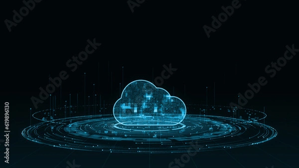 Obraz Blue digital cloud computing logo with particle ring circle rotation with ai technology icon on futuristic abstract background storage big data backup concepts