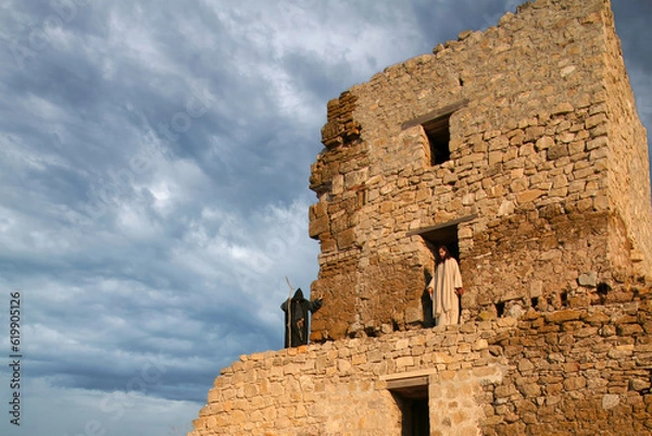Fototapeta Jesus and Devil on a fortress tower of Jerusalem. Biblical concept.