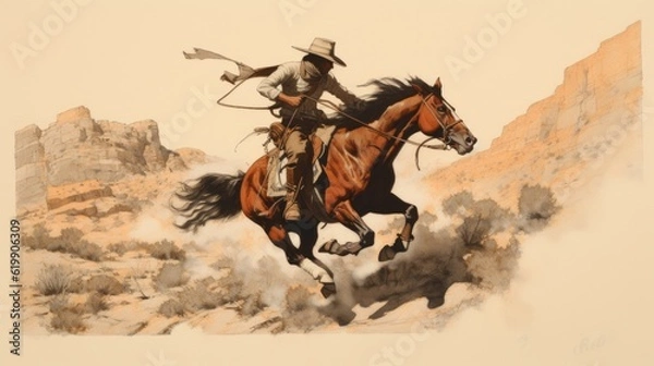 Obraz a horizontal layout, of a Cowboy, Cowgirl on a galloping horse in a Fredrick Remington-style composition in a Western-themed JPG format. Generative AI