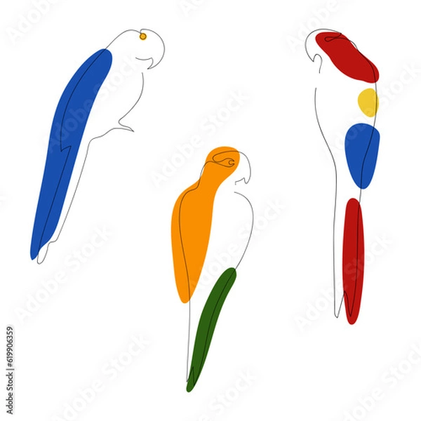 Fototapeta Set of parrot. Hyacinth macaw, sun parakeet (Aratinga solstitialis), scarlet macaw (Ara macao) continuous one line vector drawing. Bird hand drawn modern simple single lineart style. Sketch.