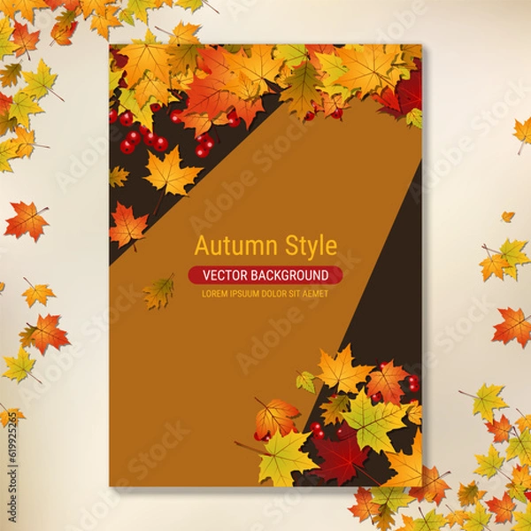 Fototapeta Autumn flyer with colorful leaves, banner, booklet, poster, placard, mockup, brochure cover vector template. A4 format