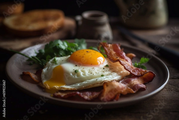 Obraz Eggs with bacon on a plate, restaurant serving. Close up. Generative AI.