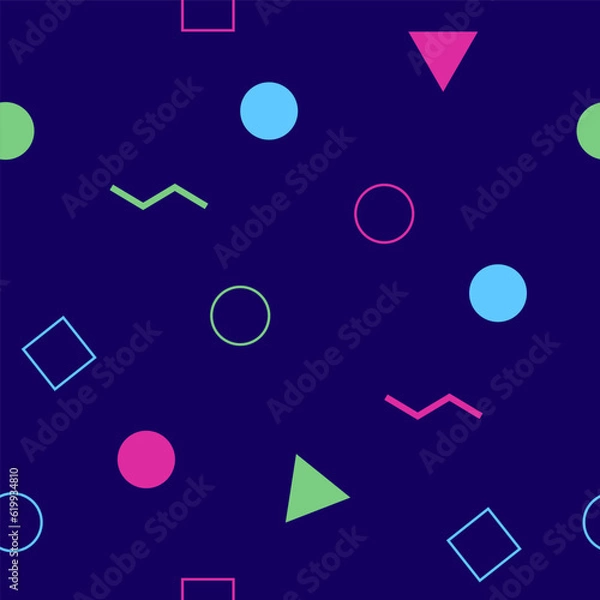 Fototapeta Abstract seamless colorful pattern in trendy memphis style. Background for printing brochure, poster, vintage textile design, cover, banner. Retro 80's - 90's style. Eps 10 vector illustration.	