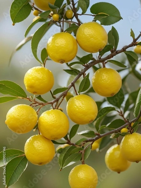 Fototapeta Lemons on the lemon tree, citrus fruits in the orchard

