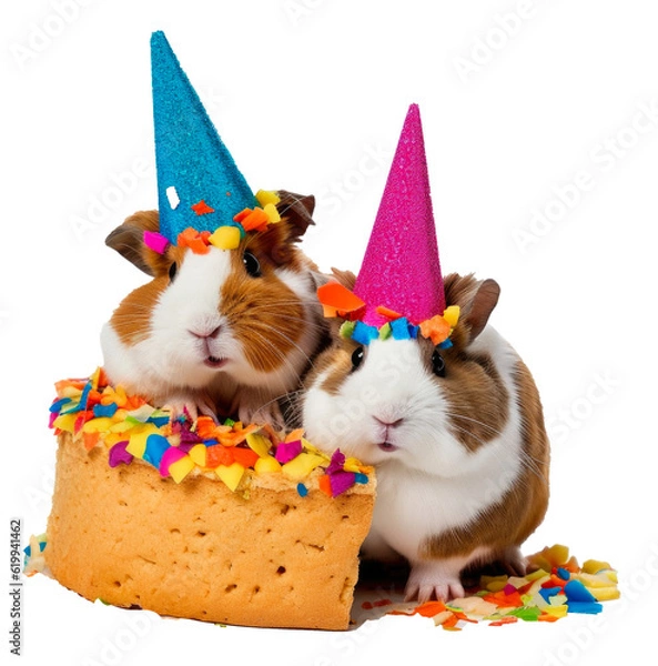 Obraz fluffy guinea pigs with a party hat sitting on a birthday cake, cute funny animals isolated on a transparant background, clipart cutout scrapbook, birthday card
