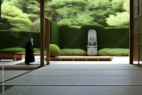 Fototapeta Serenity Sketch: Minimalist Monk Amid Zen Tranquility