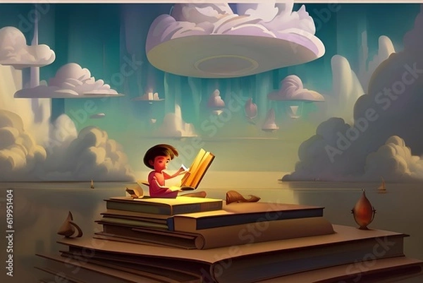 Fototapeta Floating Fantasia: Surrealist Portrait of a Child Immersed in Books