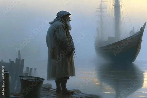 Fototapeta Harbor Reflections: A Mariner's Introspection Captured in Realist Detail