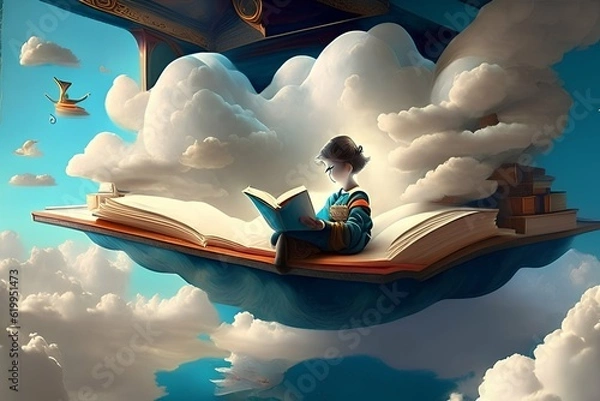 Fototapeta Dreamscape Reader: A Child's Imaginative Journey in a Surrealist Sky Library