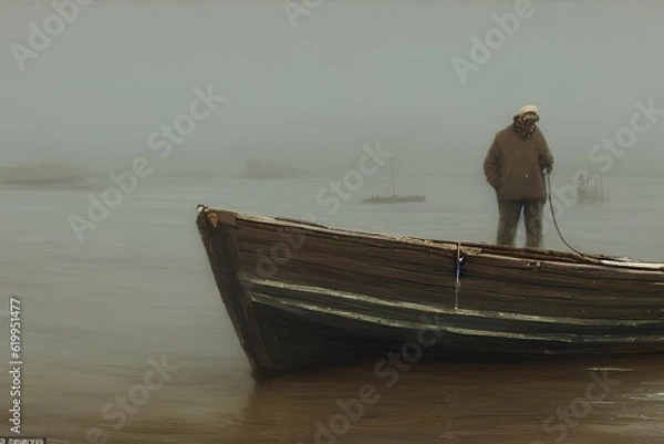 Fototapeta Solitude at Sea: Realistic Portrait of a Weathered Mariner in Foggy Dawn